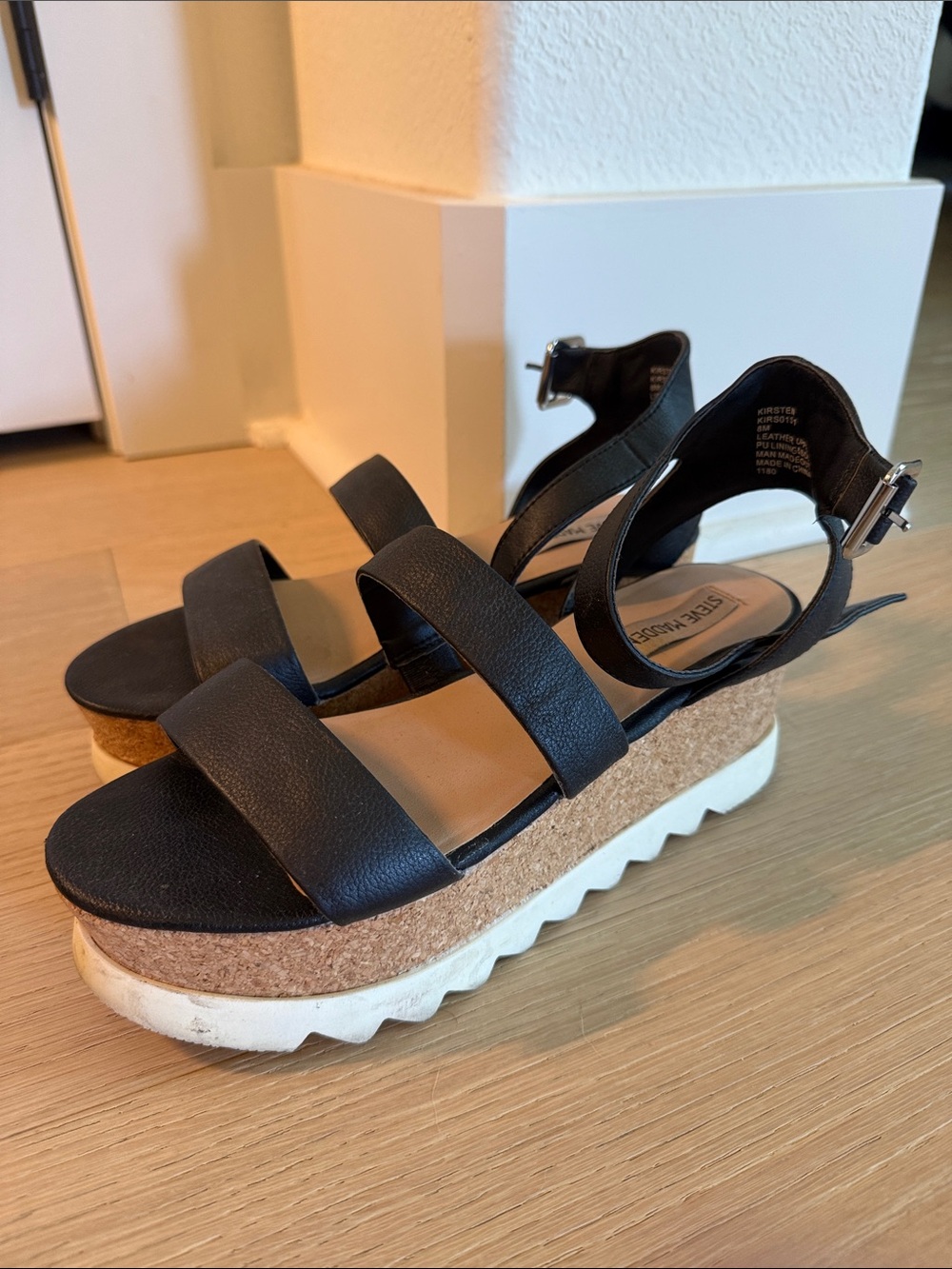 Steve Madden Black Cork Platform Sandals with White Sole